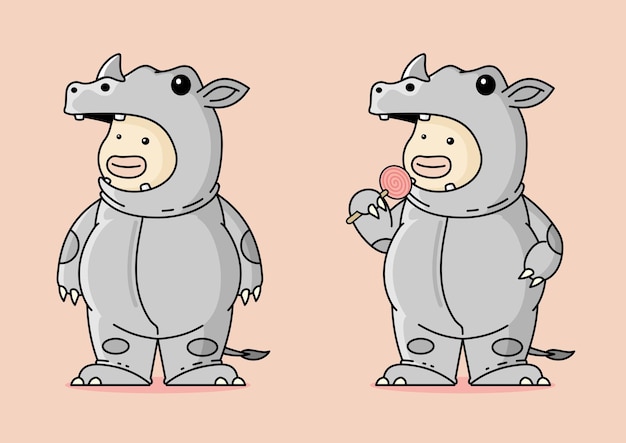 Vector vector illustration of fat man in funny rhino mascot costume