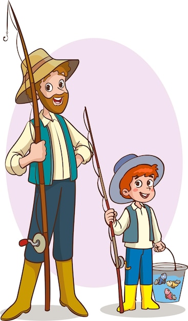 vector illustration of father and kids fishing