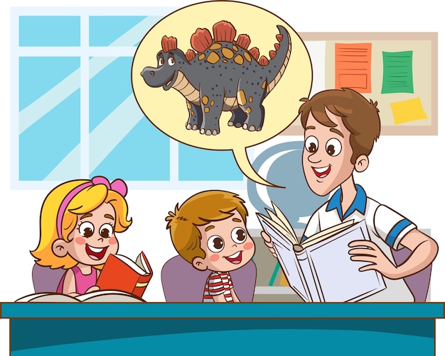 Vector illustration of father and kids reading book