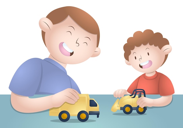 Векторная иллюстрация отца и сына, играющих с игрушечными машинками
