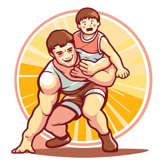Illustrazione vettoriale di un padre e un figlio che lottano sullo sfondo del sole