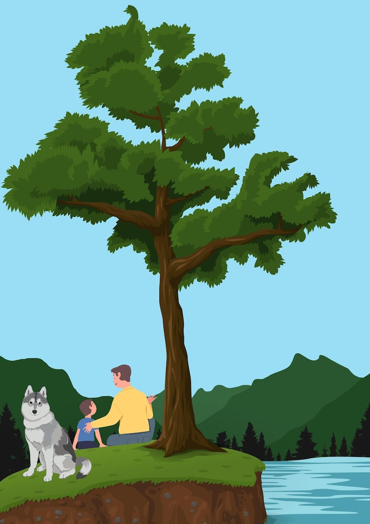Vector vector illustration of father taking his son to the lake hill with his husky dog