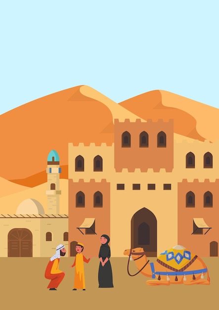 Vector illustration of a father talking to his child next to a mother wearing a hijab and a camel