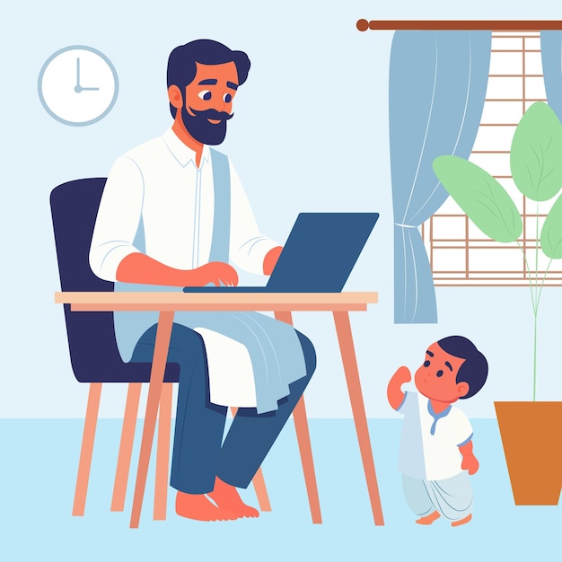 家から働いて子供の世話をする父親のベクターイラスト