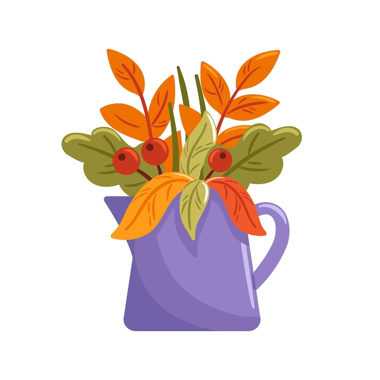 Vector vector illustration features a beautiful colorful autumn bouquet showcased in a charming purple jug