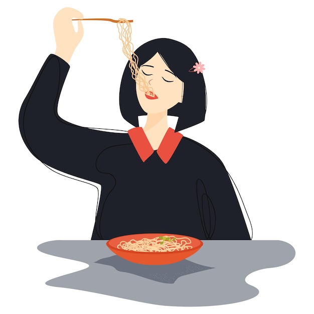 Vector illustration features person happily eating food in flat and doodle style on white background