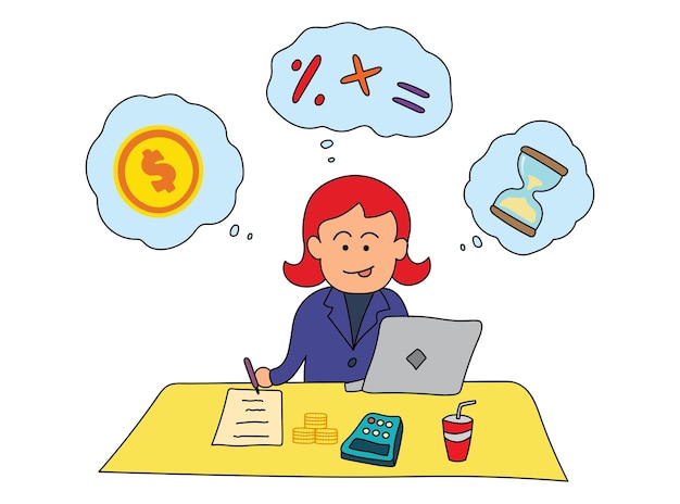 vector illustration of female accountant at working place with laptop, money, calculato