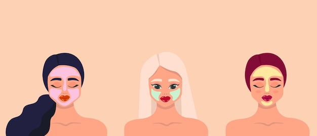 Vector vector illustration of female characters applying facial clay masks