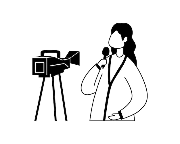 Vector illustration of a female correspondent recording a report on a video camera Outline