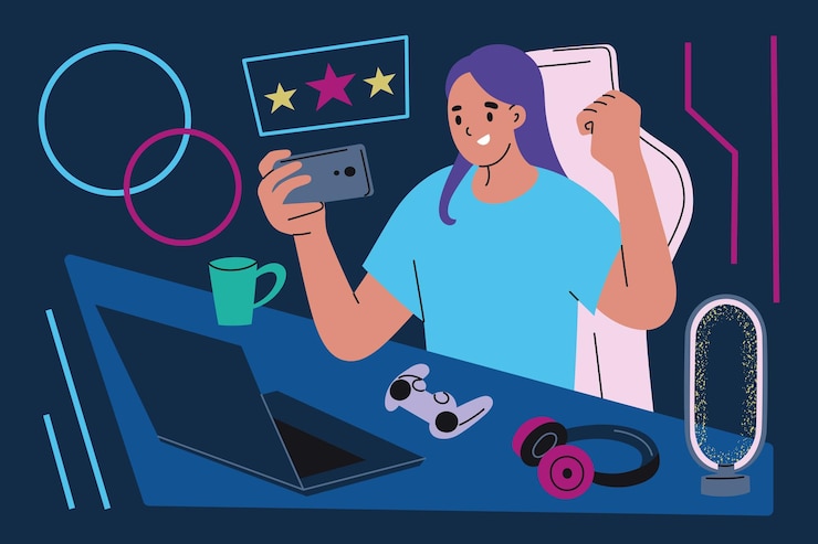 Vector vector illustration of female gamer sitting at desk with laptop playing game on phone and