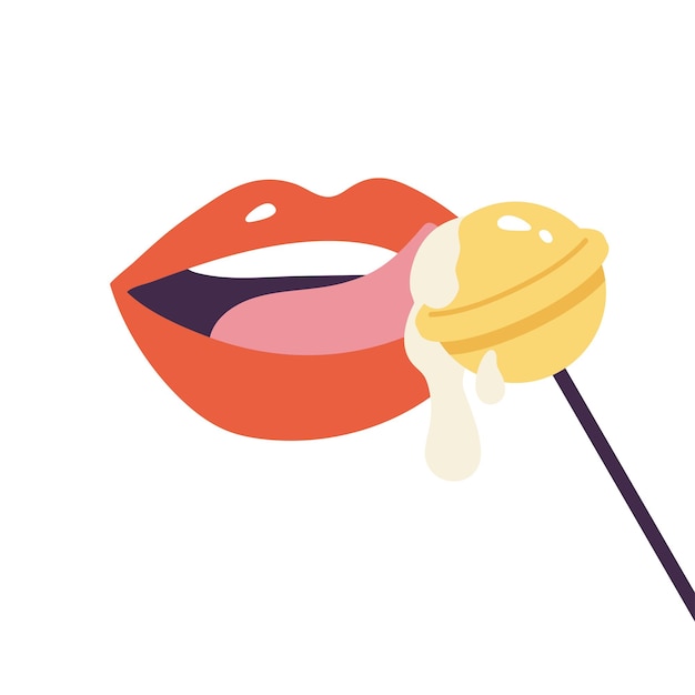 Vector vector illustration female mouth with candy stick red lipstic