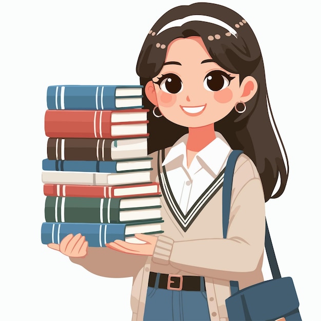 Vector vector illustration of female student carrying a stack of books