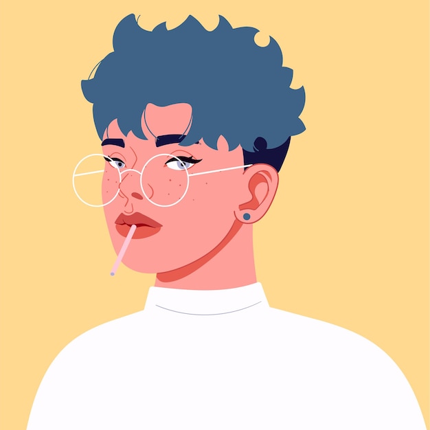 vector illustration of a female student with short blue hair glasses piercings