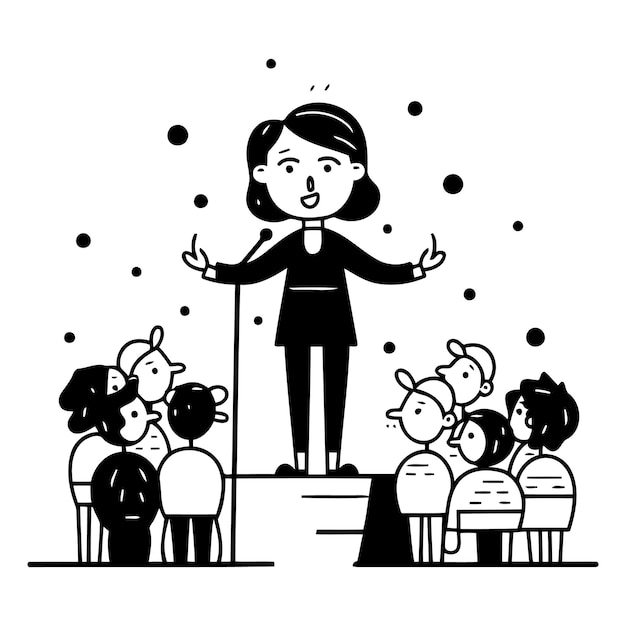 Vector vector illustration of a female teacher giving a speech to a group of children