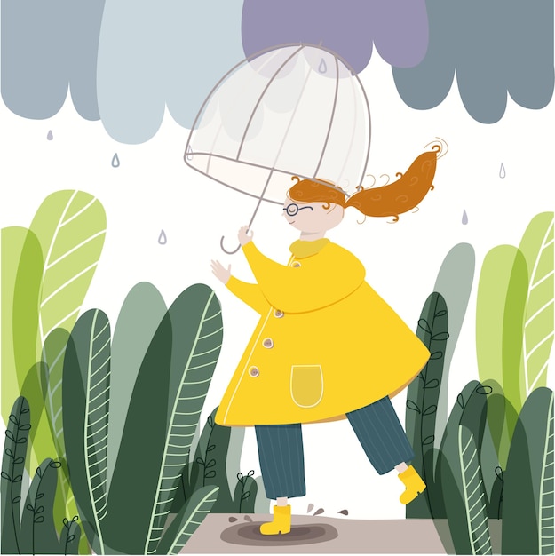 Vector vector illustration of female with red hair wearing yellow raincoat and boots walking on a rainy day