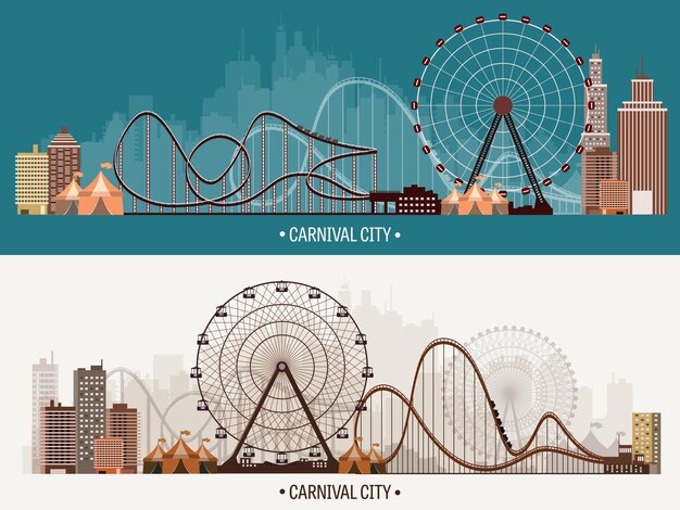 Vector vector illustration ferris wheel carnival funfair background circus park skyscrapers with roller