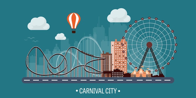 Vector vector illustration ferris wheel carnival funfair background circus park skyscrapers with roller