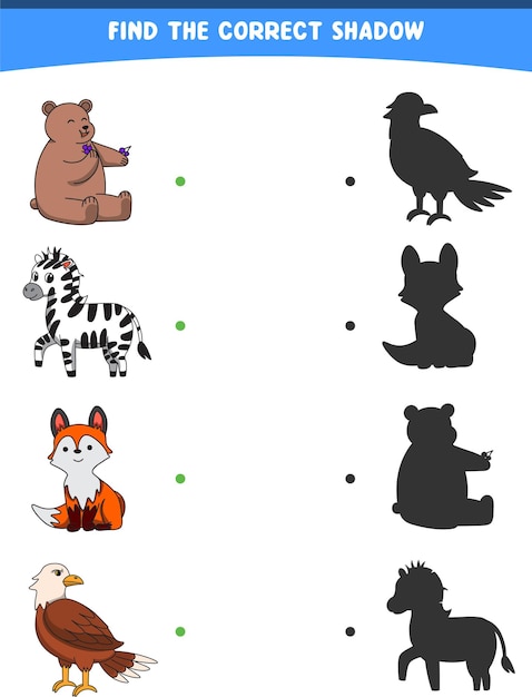 올바른 그림자를 찾는 벡터 그림 야생 동물 곰 얼룩말 여우 독수리 인쇄 가능