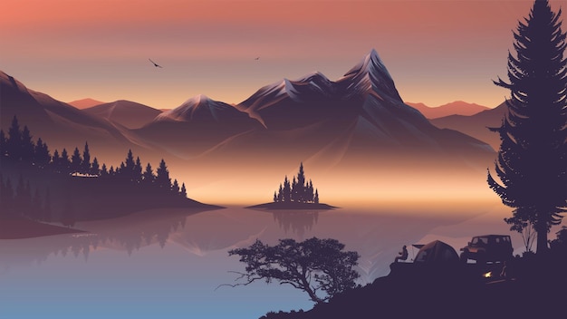 Vector illustration of a fire camp near the lake with beautiful mountains in the morning