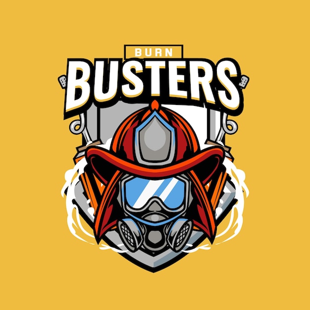 Вектор Иллюстрация глава пожарного с маской и очками с текстом burn busters логотип esport