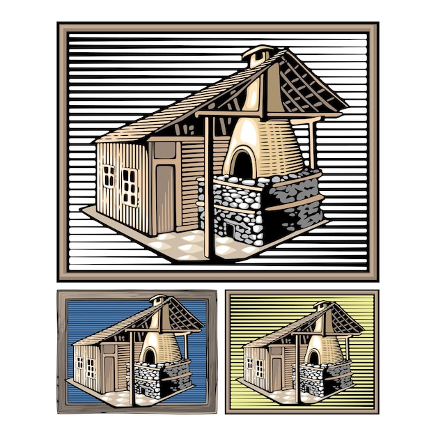 Vector illustration of a fire oven done in retro woodcut style