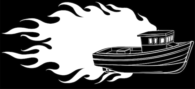 Vettore illustrazione vettoriale di una barca da pesca su sfondo nero disegno digital hand darw