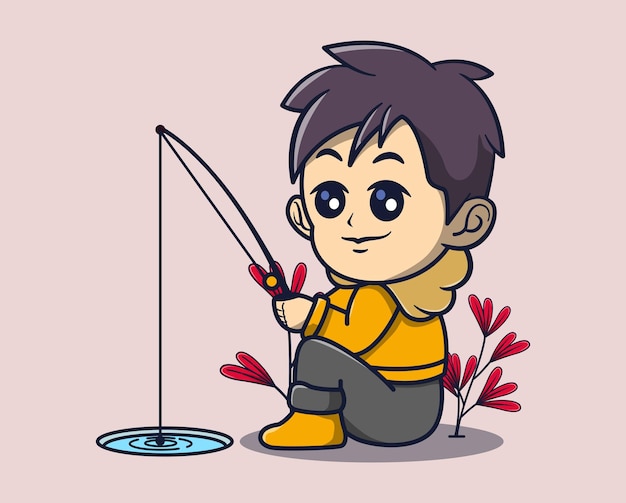 Vector vector illustration of fishing at a cute water hole plants around