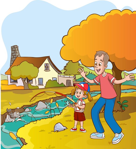 Vector illustration of fishing family