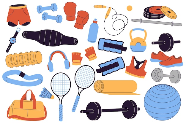 vector illustration of fitness and gym equipment dumbbells boxing gloves rackets weights yoga mat