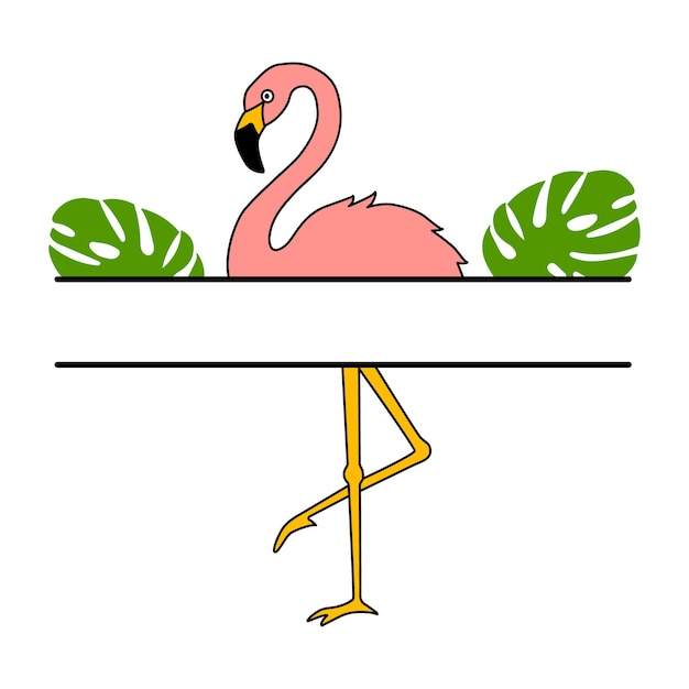 Vector illustration of flamingo monogram in flat style is isolated on white Tropical bird flamingo standing on one leg with monstera leaves split monogram