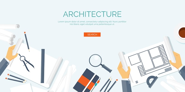 Vector illustration flat architectural project teamwork building and planning construction pencil