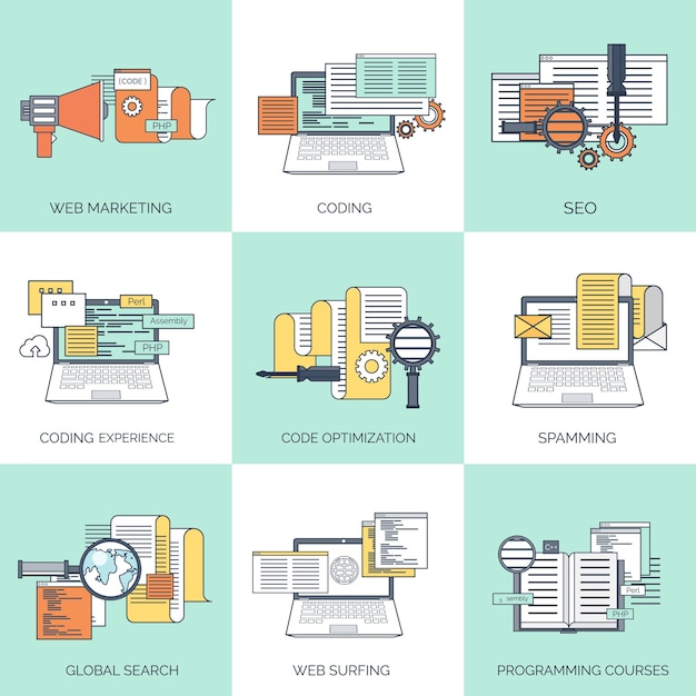 Vector illustration flat background coding programming seo search engine optimisation app