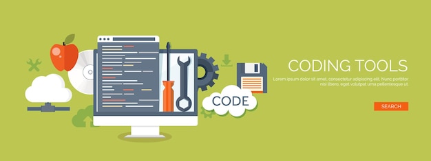 Vector illustration flat background coding programming seo search engine optimisation app