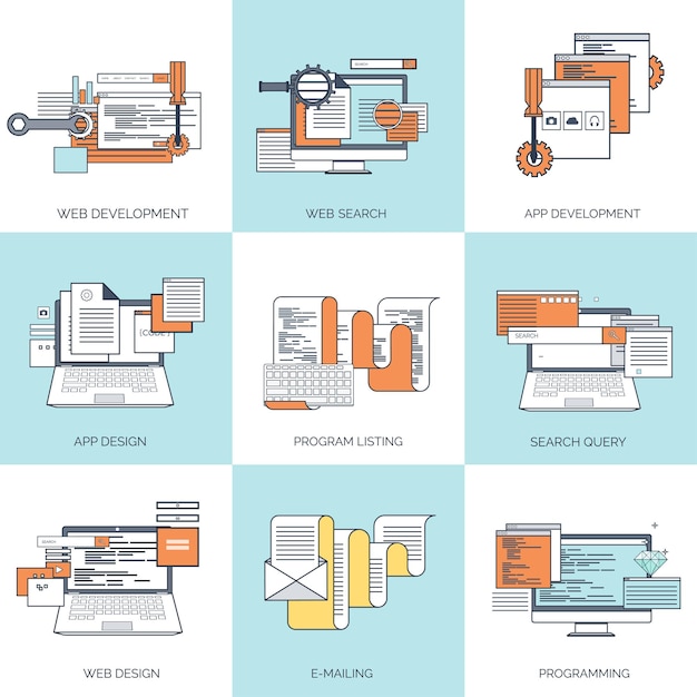 ベクトルイラストレーション フラットバックグラウンド コーディング プログラミング seo 検索エンジン最適化 アプリ