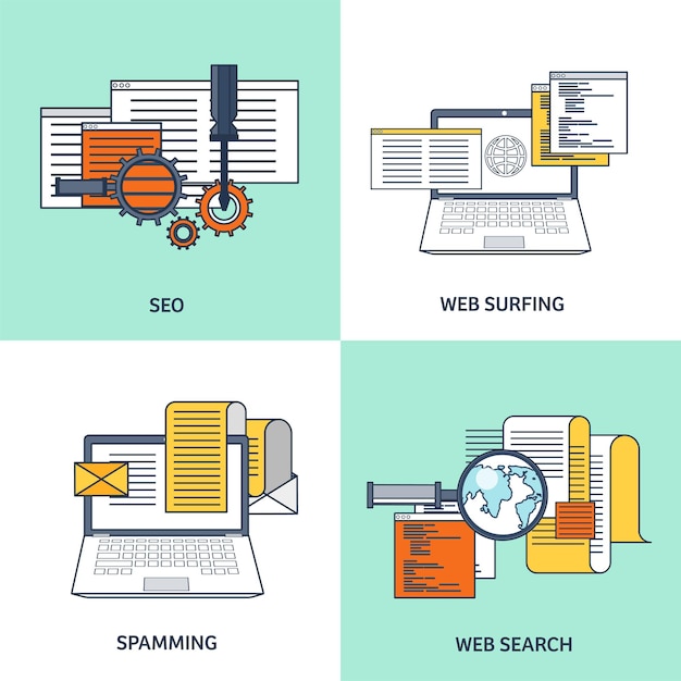 Vector illustration flat background coding programming seo search engine optimization app