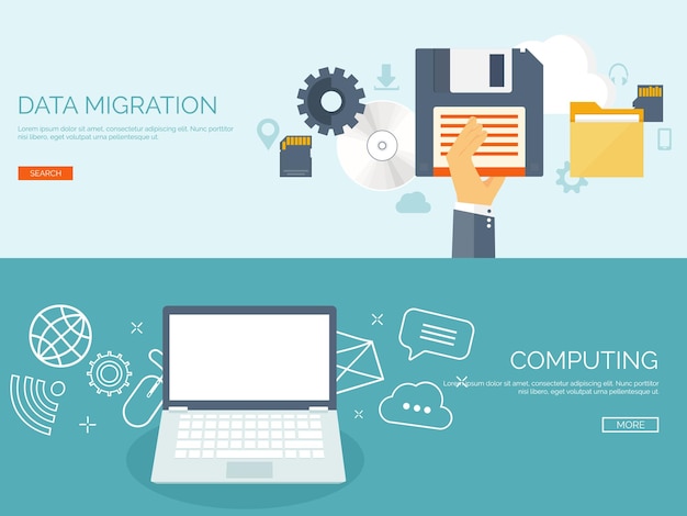 Vettore illustrazione vettoriale sullo sfondo piatto computazione tecnologia cloud migrazione dei dati