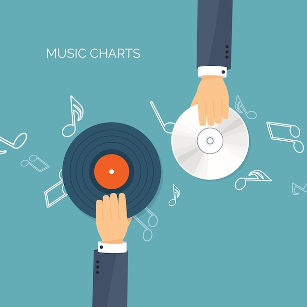 Illustrazione vettoriale sfondo piatto produzione musicale show business mp disco compatto registrazione vocale