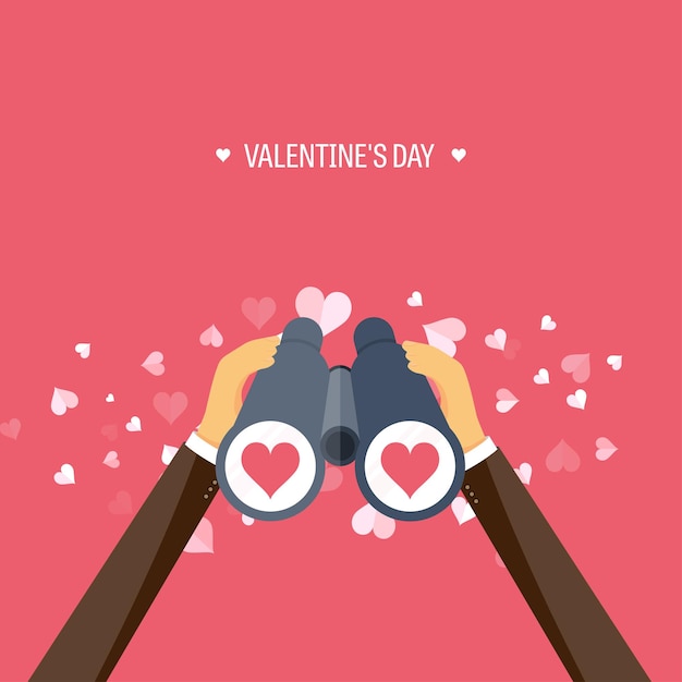 Vector vector illustration flat background with binoculars love and hearts valentines day be my valentine