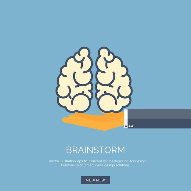 Vector vector illustration flat background with hand and brains brainstorm teamwork creative vision