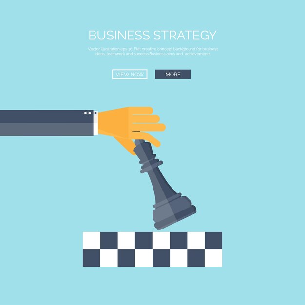 Vector vector illustration of flat background with hand and chess business and company strategy development