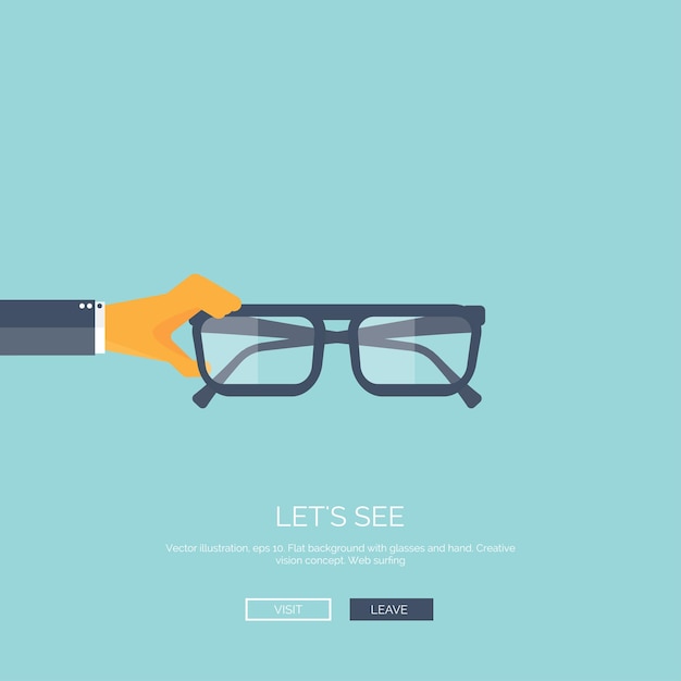 Vector illustration flat background with hand glasses lets see eye care and protection