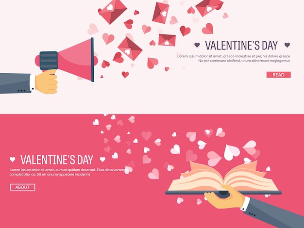 Vector illustration flat background with loudspeaker hand and book love and hearts valentines day be