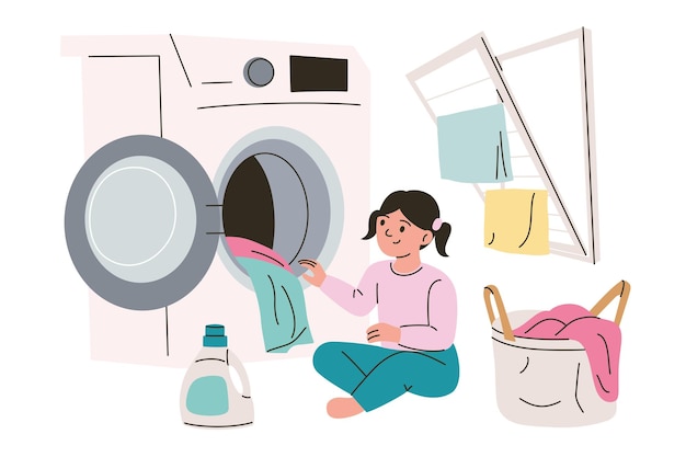 Vector illustration in flat cartoon style little girl doing laundry composition with washing machine