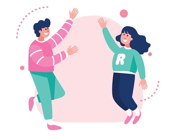 Vector illustration in flat colors of friends greeting each other by highfiving