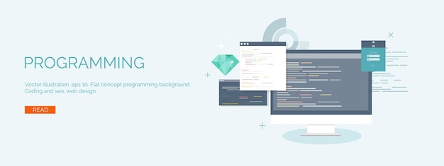 vector illustration flat computing background programming coding web development search engine