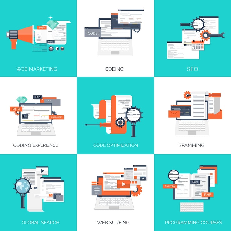 Vector vector illustration flat computing background programming coding web development and search seo