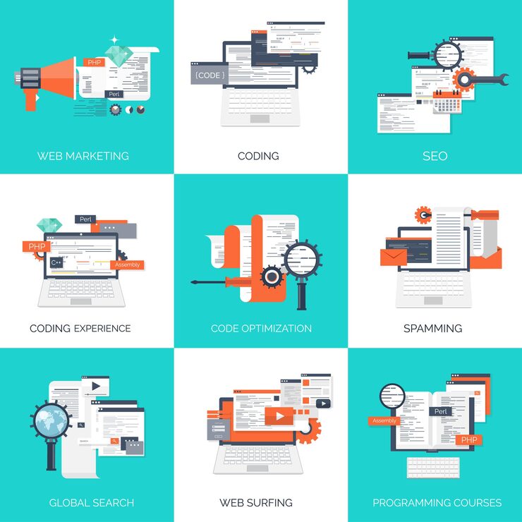 Вектор векторная иллюстрация плоские вычисления фоновое программирование кодирование веб-разработка и поиск seo
