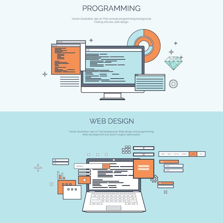 Vector vector illustration flat computing background programming coding web development and search seo