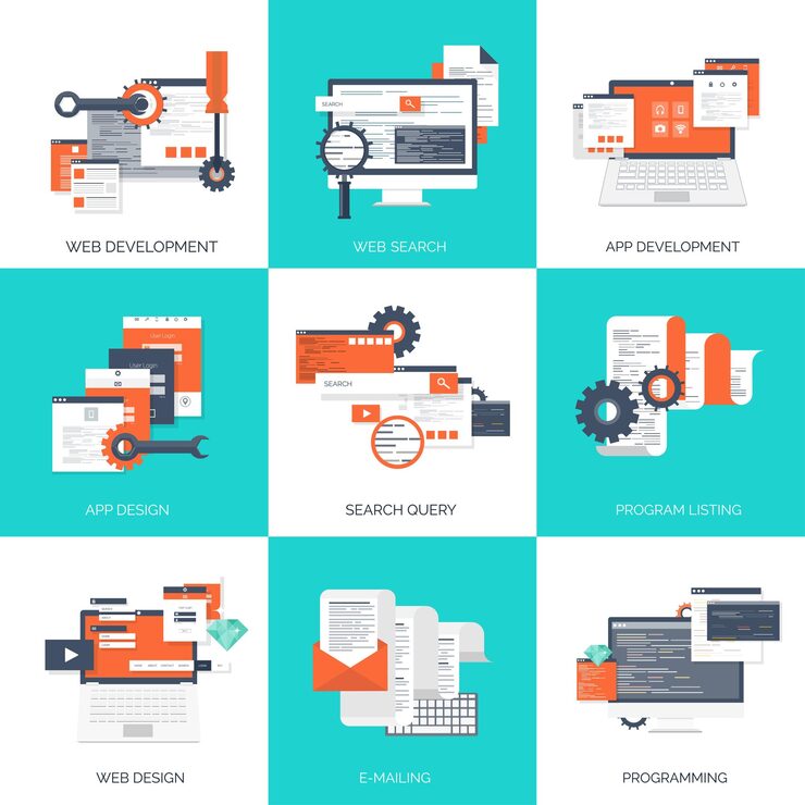 Vector vector illustration flat computing background programming coding web development and search seo