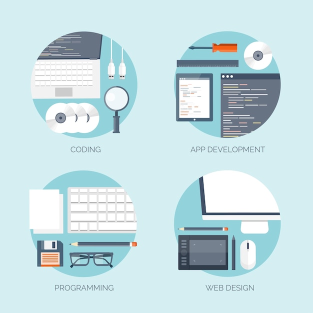 Vector illustration flat computing backgrounds set with icons lines programming coding web